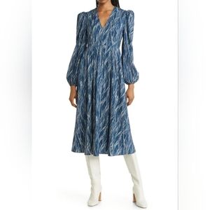 Chelsea 28 Pleated Puff Shoulder Long Sleeve Midi Dress Size Small